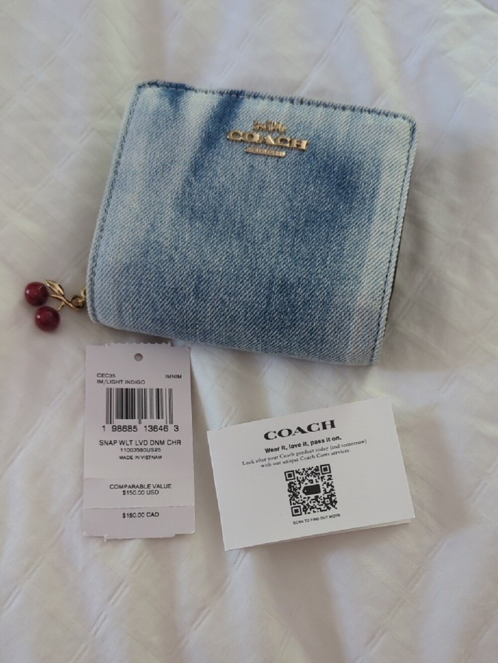 NWT- Coach Light Blue Loved Denim Zip Wallet with Cherry Charm - Picture 8 of 9